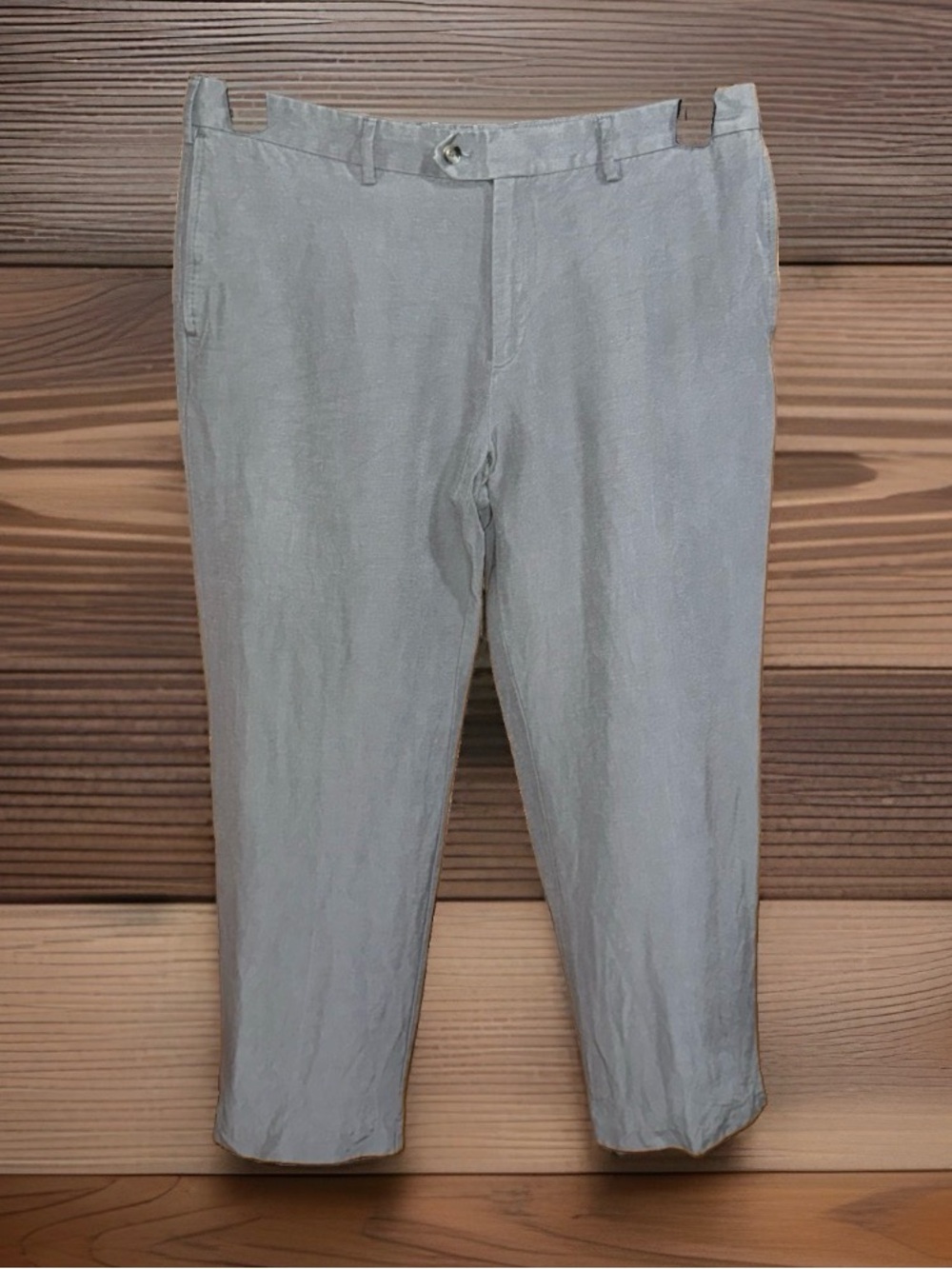 Men's Light Gray Linen Blend Casual Trousers - Classic Straight Fit-36x30-EC
